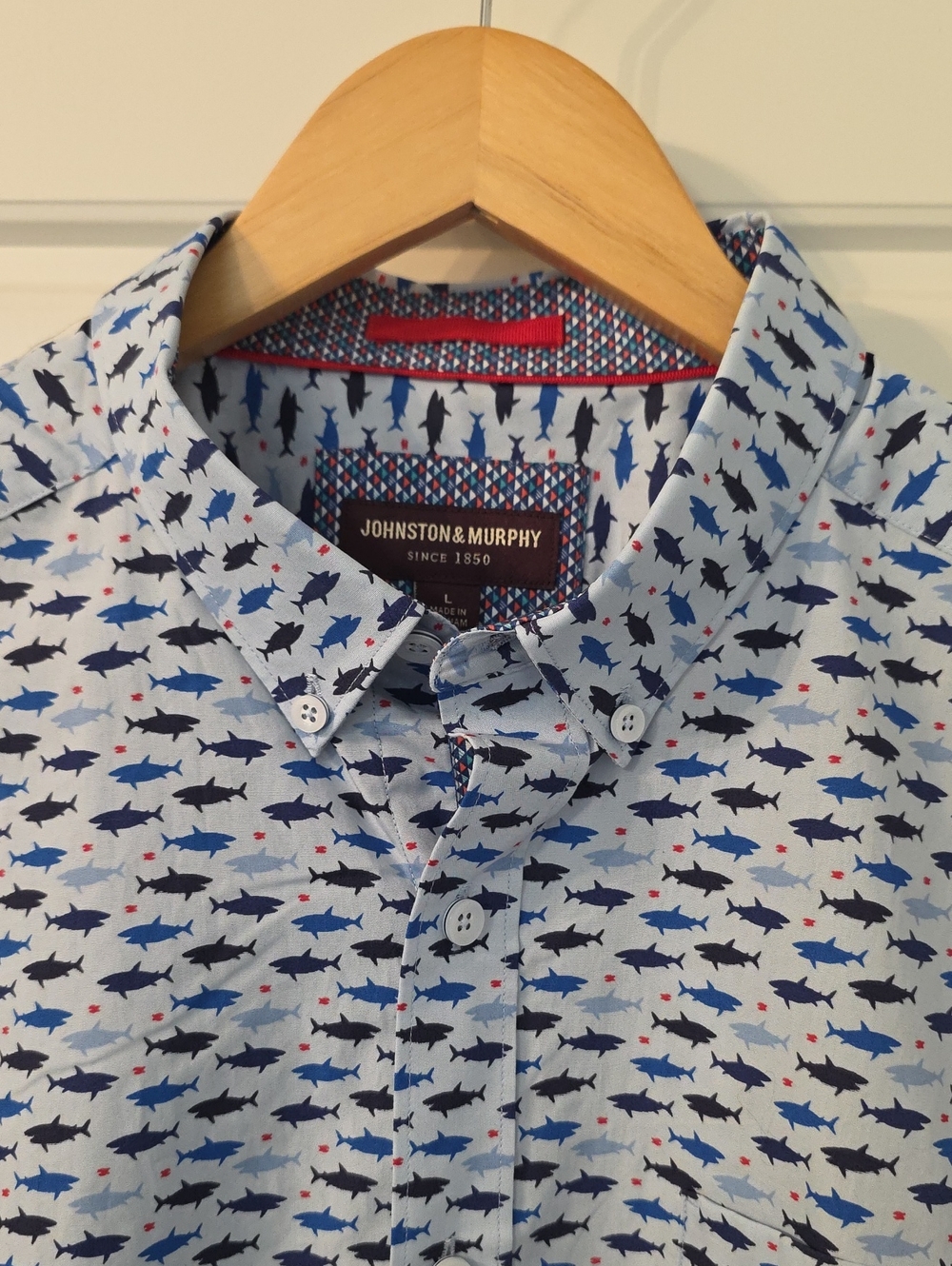 Johnston & Murphy Light Blue Shark-Print Button-Down Shirt